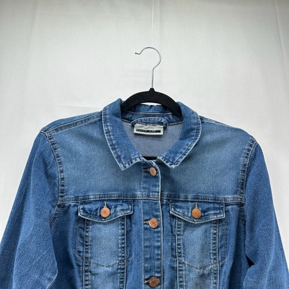 Noisy may Jacket Womens Sz M Denim Trucker Button Front Long Sleeve Stretch Blue - Picture 3 of 12